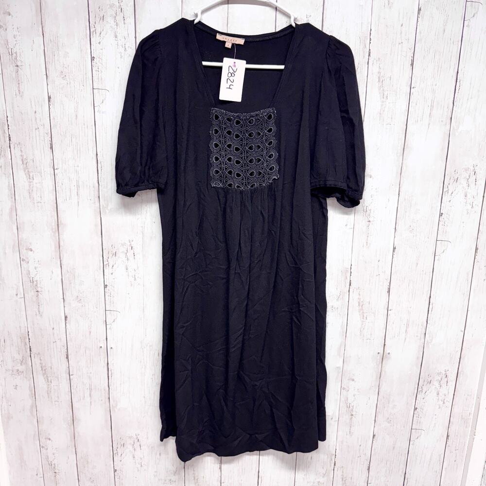 Sandro Dress Women Size 1 Navy Peasant Crochet Front Short Sleeve Knee Length